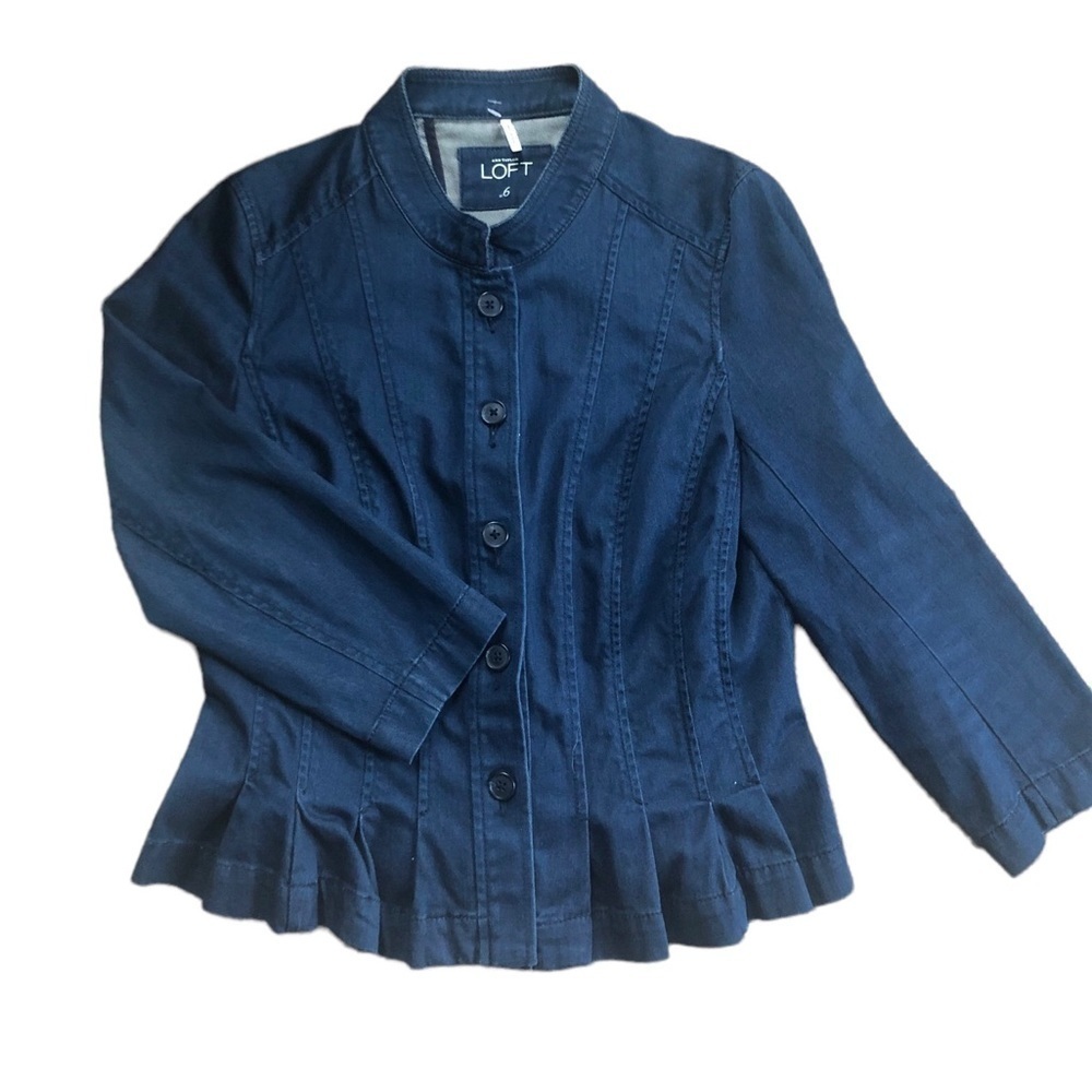 Loft Denim Jacket Blazer Size 6 Stretch Peplum Hem Button Up 3/4 Sleeve Spring